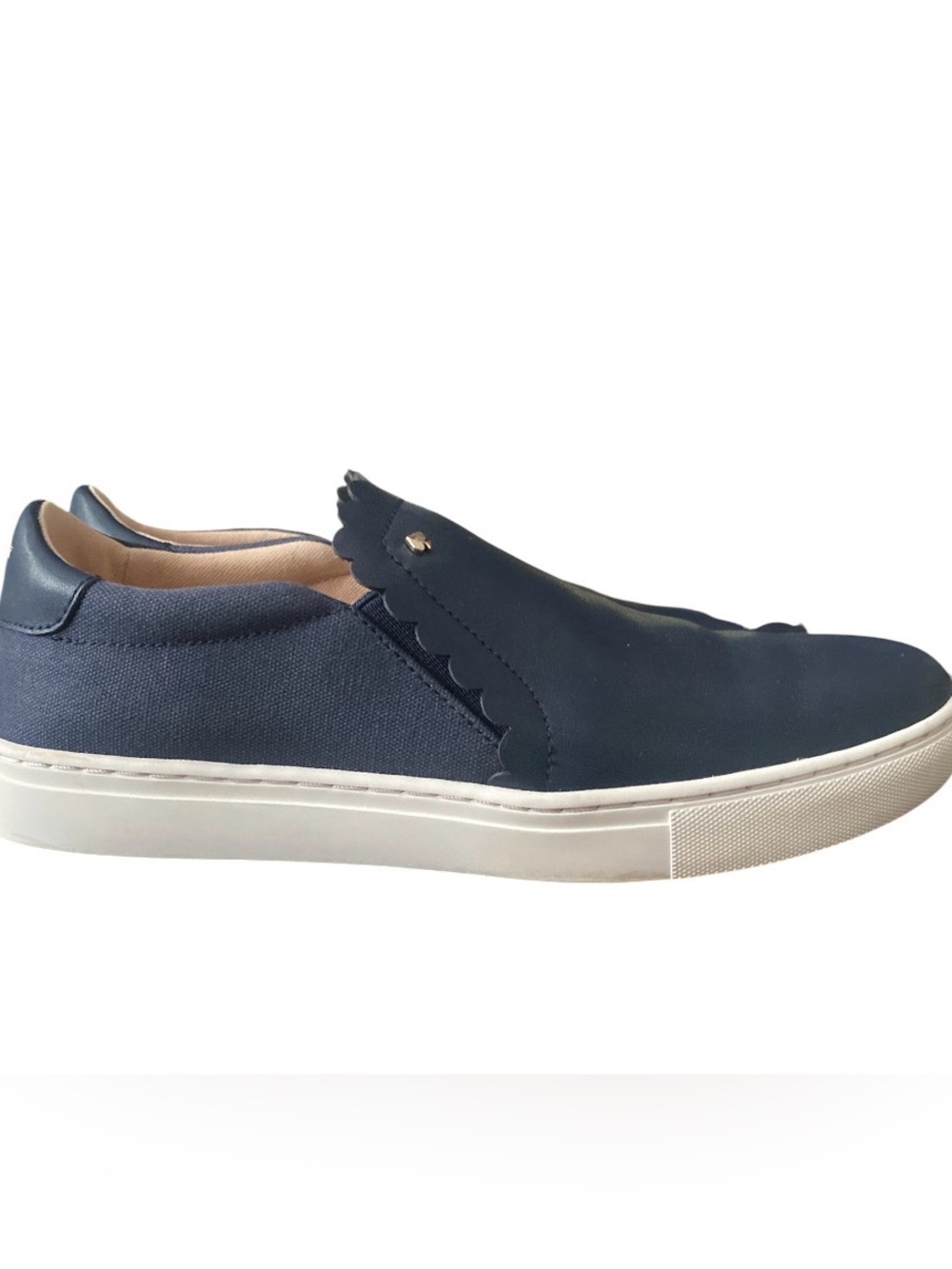 Kate Spade Andi Navy Blue Leather and Canvas Scalloped Slip-On Sneakers - Picture 4 of 9